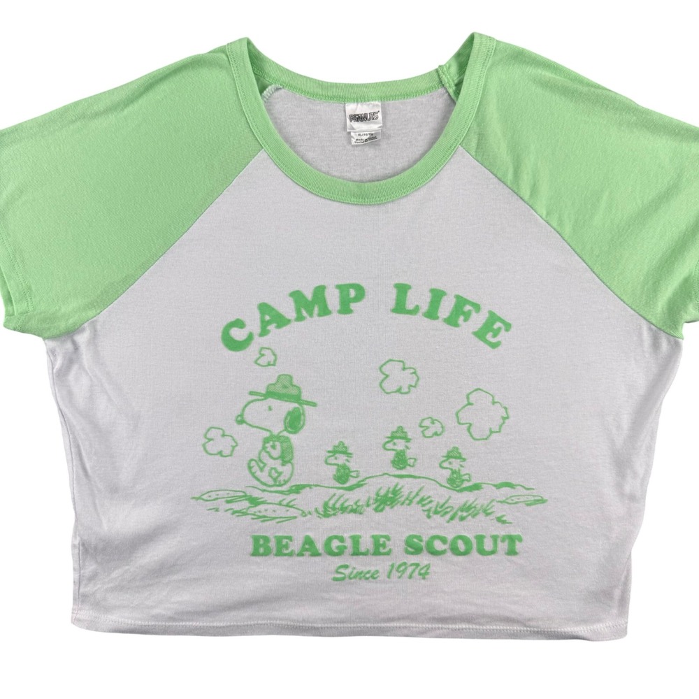 Peanuts Snoopy Beagle Scout Camp Life Raglan Crop Top Green White XL 16/18